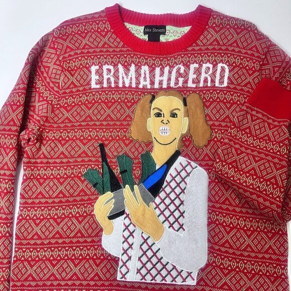 Unisex Ugly Christmas Sweater ERMAHGERD ERTS CHERSTMERS by Alex Stevens - Size M - Picture 10 of 15